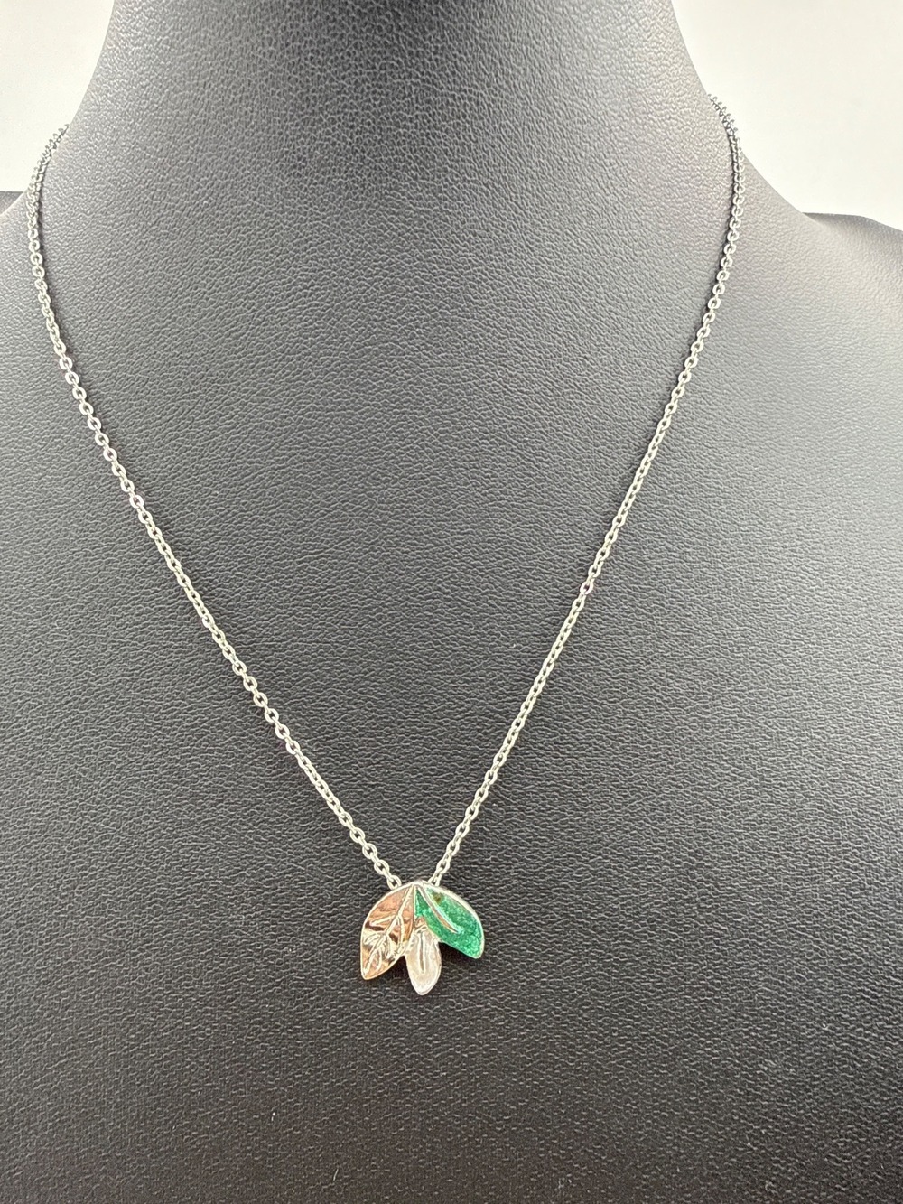 Silver Green Enamel Triple Leaf Pendant Necklace Cottagecore Boho